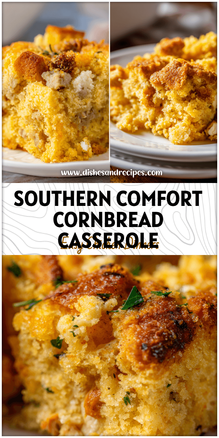 Golden cornbread chicken casserole baked Southern style with tender chicken and dressing layers.